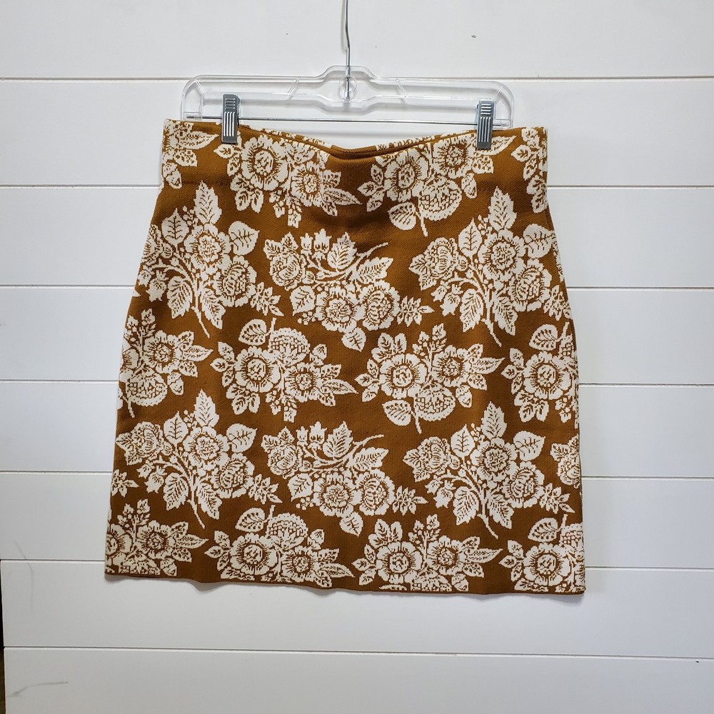 NWT Loft Petite womens size L olive gold cream roses floral sweater skirt knee